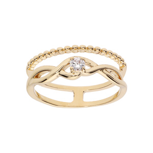 Bague en plaqué or double croisée avec oxydes blancs et boules