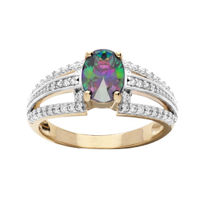 Bague en plaqué or avec oxyde central mystique arc en ciel et 3 rails oxydes blancs sertis