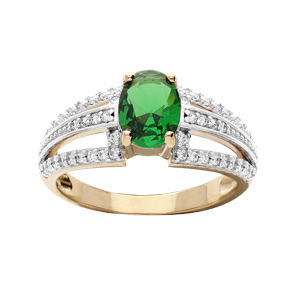 Bague en plaqué or avec oxyde central vert et 3 rails oxydes blancs sertis