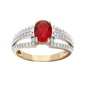 Bague en plaqué or avec oxyde central rouge et 3 rails oxydes blancs sertis