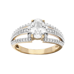 Bague en plaqué or avec oxyde central blanc et 3 rails oxydes blancs sertis