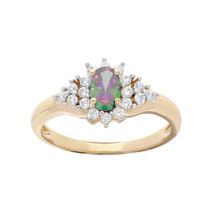 Bague en plaqué or avec oxyde central arc en ciel et contour oxydes blancs sertis