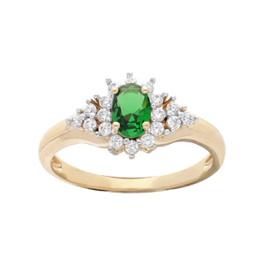 Bague en plaqué or avec oxyde central vert et contour oxydes blancs sertis