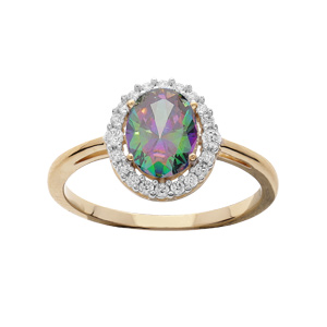 Bague en plaqué or avec oxyde arc en ciel oval et contour oxydes blancs sertis