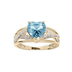 Bague en plaqué or oxyde bleu ciel forme coeur et 2 rails croisés oxydes blancs sertis