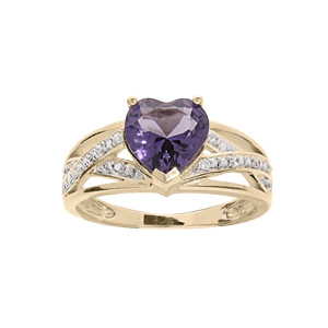 Bague en plaqué or oxyde violet forme coeur et 2 rails croisés oxydes blancs sertis