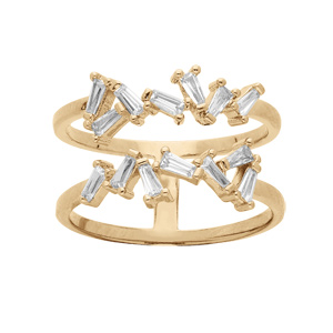 Bague en plaqué or 2 rangs de navettes d’oxydes blancs sertis rectangulaires