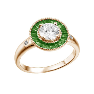 Bague en plaqué or pastille ronde avec oxyde blanc et contour oxydes rectangulaires verts
