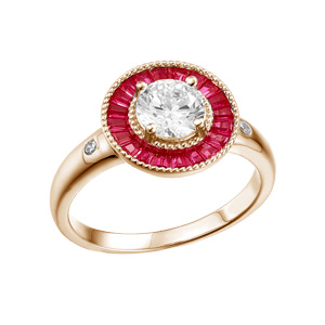 Bague en plaqué or pastille ronde avec oxyde blanc et contour oxydes rectangulaires roses