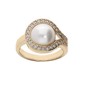 Bague en plaqué or boucle d'oxydes blancs sertis et perle blanche de synthèse