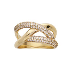 Bague en plaqué or croisée avec rails d'oxydes blancs sertis