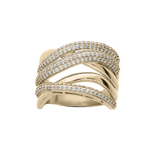Bague en plaqué or large croisée avec oxydes blancs sertis
