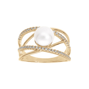 Bague en plaqué or brins roisés oxydes blancs sertis et perle blanche d’eau douce