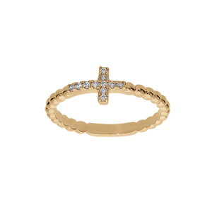 Bague en plaqué or boules avec croix oxydes blancs sertis