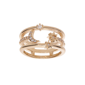 Bague en plaqué or 3 rangs motifs lune et soleil avec oxydes blancs sertis