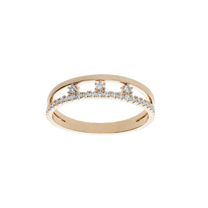 Bague en plaqué or 2 rangs ajourés 1 rail oxydes blancs sertis et 3 oxydes blancs sertis