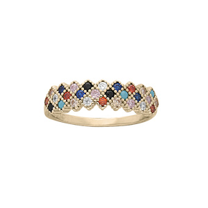 Bague en plaqué or damier pavée d'oxydes multicouleurs
