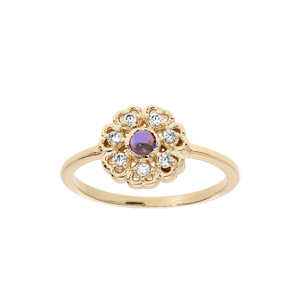 Bague en plaqué or fleur avec coeur Iolite véritable et oxydes blancs sertis