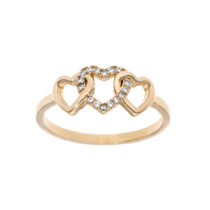 Bague en plaqué or 3 coeurs entrelacés 1 lisse et 2 avec oxydes blancs sertis