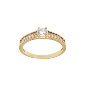 Bague en plaqué or solitaire avec demi rail d’oxydes blancs sertis et 1 oxyde blanc serti griffe
