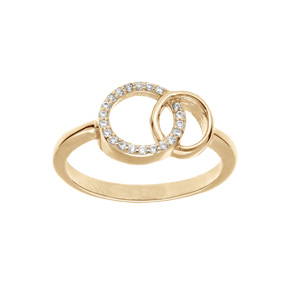 Bague en plaqué or 2 cercles entrelacés 1 lisse et oxydes blancs sertis