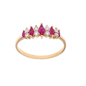 Bague en plaqué or avec navettes d’oxydes fuschia et blancs sertis