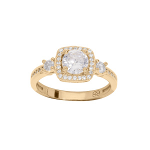 Bague en plaqué or carré avec gros oxyde blanc et oxydes blancs sertis