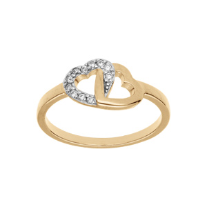 Bague en plaqué or double coeurs avec oxydes blancs sertis