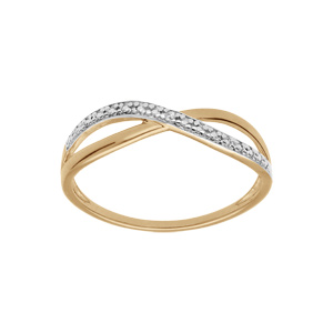 Bague en plaqué or anneau fin lisse croisé avec brin pavé d’oxydes blancs sertis