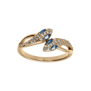 Bague plaqué or serpent double tête ornée d’oxydes blancs et yeux oxydes bleu