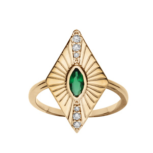 Bague plaqué or de forme losange avec oxyde vert serti clos