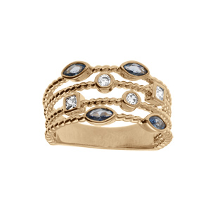 Bague plaqué or 4 rangs avec oxydes blancs et violets