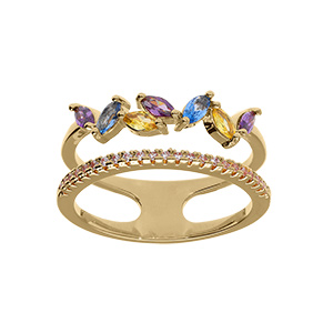 Bague plaqué or double rang avec oxydes violet bleu et jaune