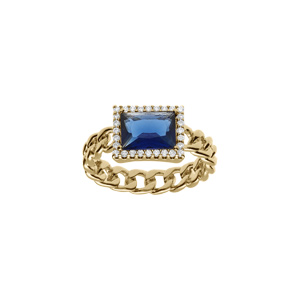 Bague en plaqué or mailles entrelacées avec oxyde bleu carré et contour d’oxydes blancs