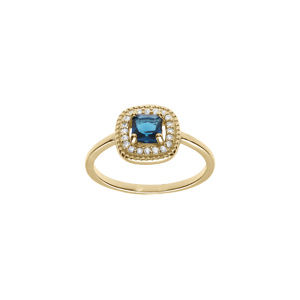 Bague en plaqué or avec oxyde carré bleu moyen et contour d’oxydes blancs
