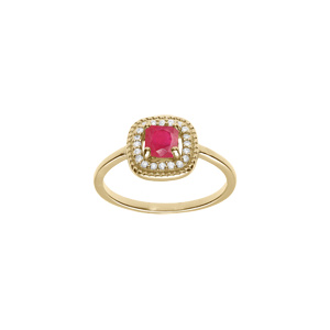 Bague en plaqué or avec oxyde carré fuschia et contour d’oxydes blancs