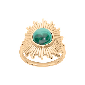 Bague en plaqué or motif soleil avec pierre Malachite véritable
