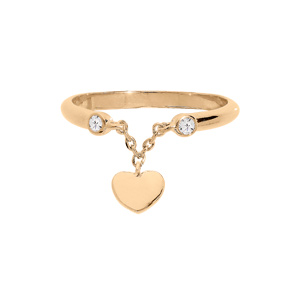 Bague en plaqué or ouverte avec chaînette et pampille cœur