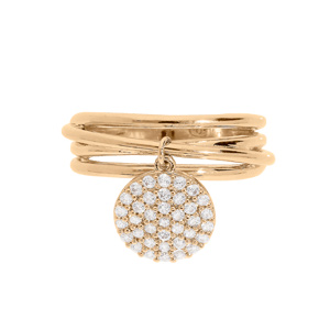Bague en plaqué or 4 anneaux réunis et pampille ronde pavée d'oxydes blancs