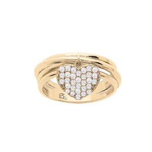 Bague en plaqué or 4 anneaux réunis et pampille coeur oxydes blancs