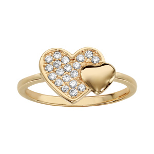 Bague en plaqué or 2 coeurs dont 1 pavé d’oxydes blancs et l’autre lisse