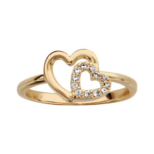 Bague en plaqué or 2 coeurs ajourés croisés dont 1 orné d’oxydes blancs