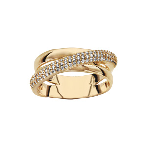 Bague en plaqué or 2 anneaux lisses croisés avec ruban d’oxydes blancs sertis