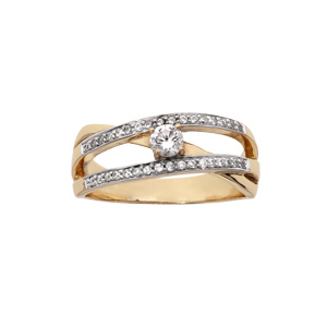 Bague en plaqué or avec oxyde blanc central et 2 rangs d’oxydes blancs sertis