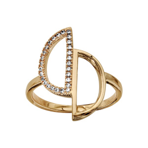 Bague en plaqué or 2 demi cercles évidés oxydes blancs