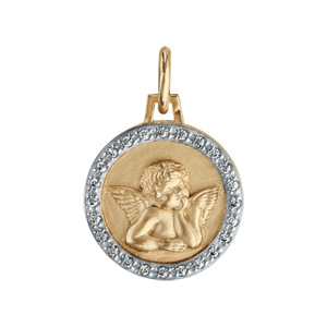 Pendentif médaille en plaqué or avec Ange et contour en oxydes blancs sertis 15mm