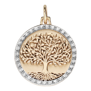 Pendentif en plaqué or rond 20mm arbre de vie contour oxydes blancs sertis