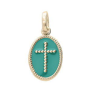 Pendentif en plaqué or ovale croix sur fond vert