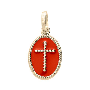 Pendentif en plaqué or ovale croix sur fond corail