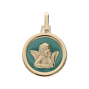 Pendentif en plaqué or médaille avec Ange sur fond vert